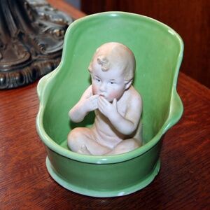 Antique German Bisque Gebrüder Heubach Blowing Kisses Action Baby in a Tub